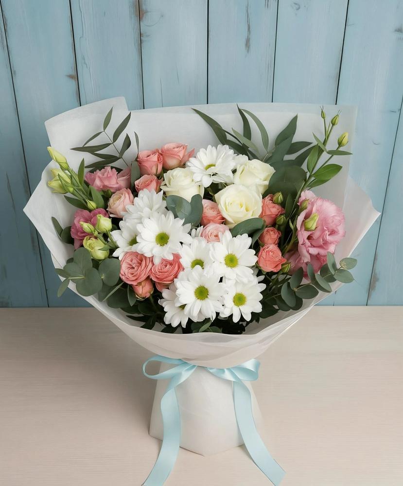 Букет цветов из: Розы, Лизиантусы и Хризантемы в Мещерское