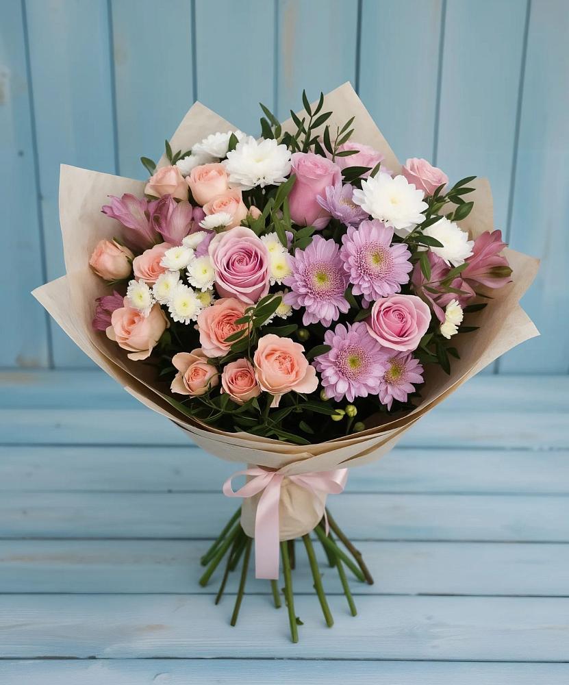 Букет цветов из: Хризантемы, Розы и Альстромерии в Мещерское