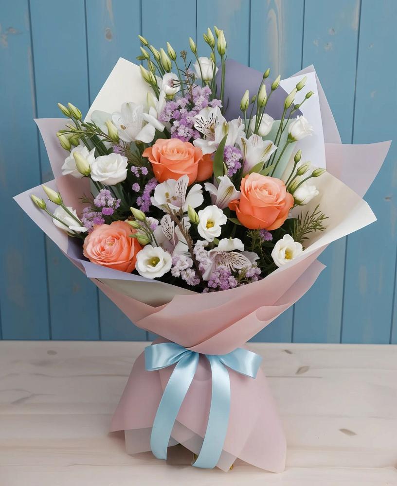 Букет цветов из: Лизиантусы, Розы, Альстромерии и Гипсофила в Мещерское