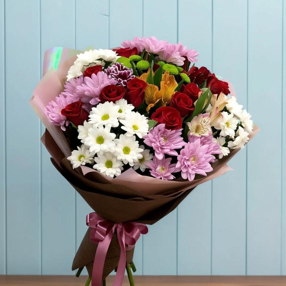 Букет цветов из: Розы, Хризантемы и Альстромерии в Мещерское